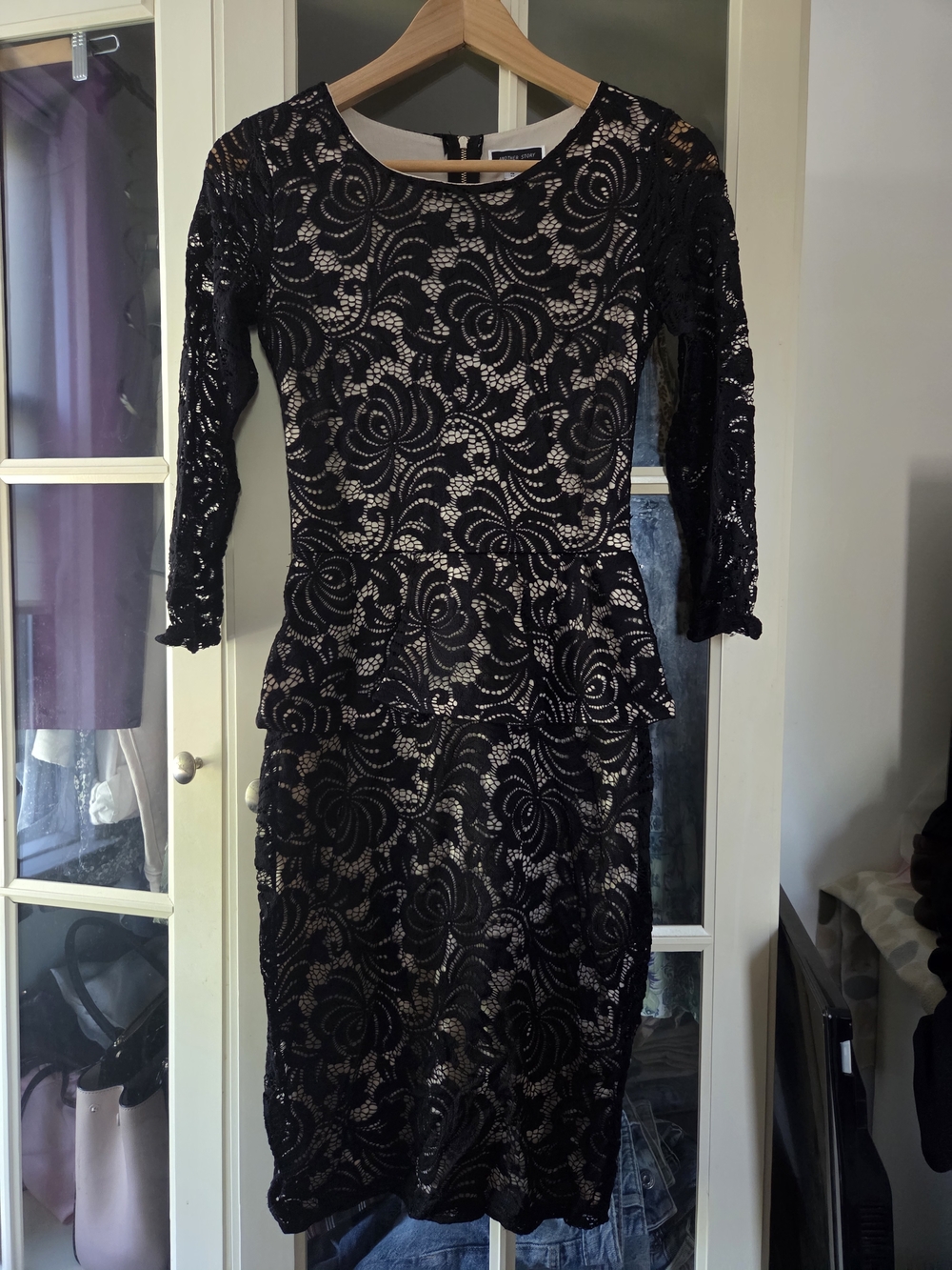 Black Lace Peplum Midi Dress with Nude Lining